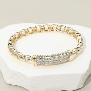Gold Chain Link CZ Bar Rhinestone Crystal Hinged Bangle Bracelet Jewelry